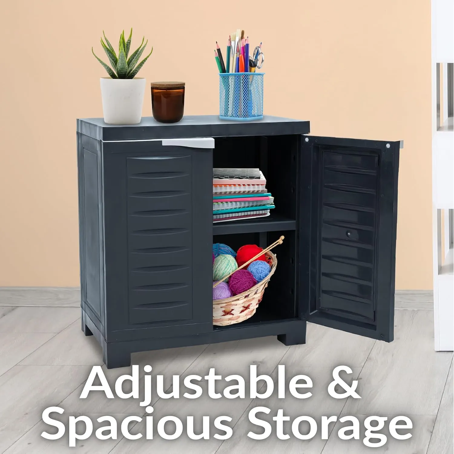 Sunnydaze Freestanding Garage Storage Cabinet with Doors - Indoor or Outdoor Storage Cabinet with Opaque Front - 25.5" H - Garage, Office, Home, Laundry Room - Charcoal