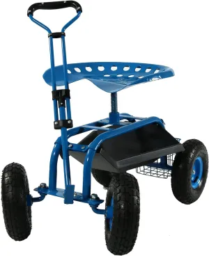 Sunnydaze Garden Seat with Wheels - Rolling Gardening Seat - Garden Stool on Wheels with Adjustable Handle and Utility Tray - Blue