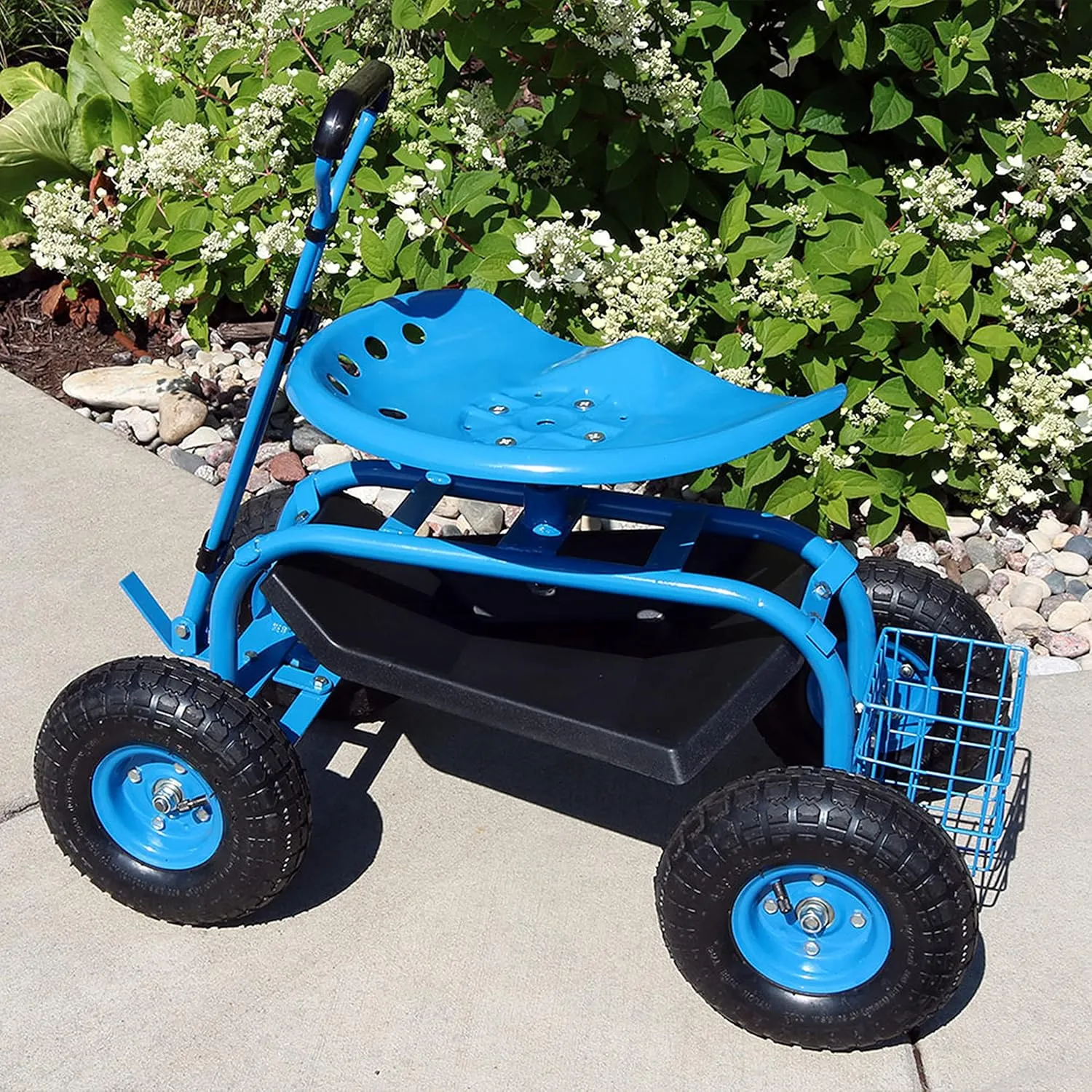 Sunnydaze Garden Seat with Wheels - Rolling Gardening Seat - Garden Stool on Wheels with Adjustable Handle and Utility Tray - Blue
