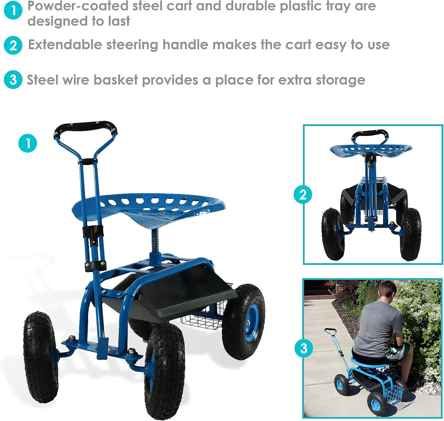 Sunnydaze Garden Seat with Wheels - Rolling Gardening Seat - Garden Stool on Wheels with Adjustable Handle and Utility Tray - Blue