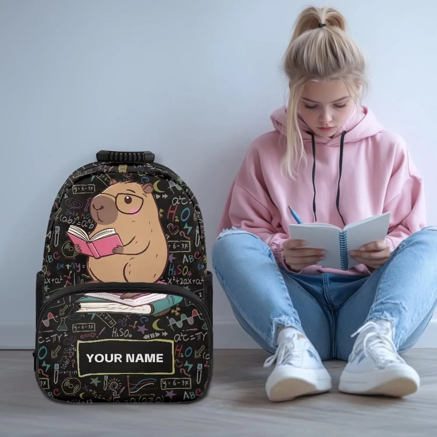 Suobstales Capybara Eyeglasses Book Print Bookbag for Girls Teens, Personalized Backpacks for Kids, Elementary Preschool School Bag for Toddler, 17" Custom Cute Bookbag with Name