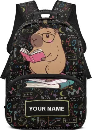 Suobstales Capybara Eyeglasses Book Print Bookbag for Girls Teens, Personalized Backpacks for Kids, Elementary Preschool School Bag for Toddler, 17" Custom Cute Bookbag with Name