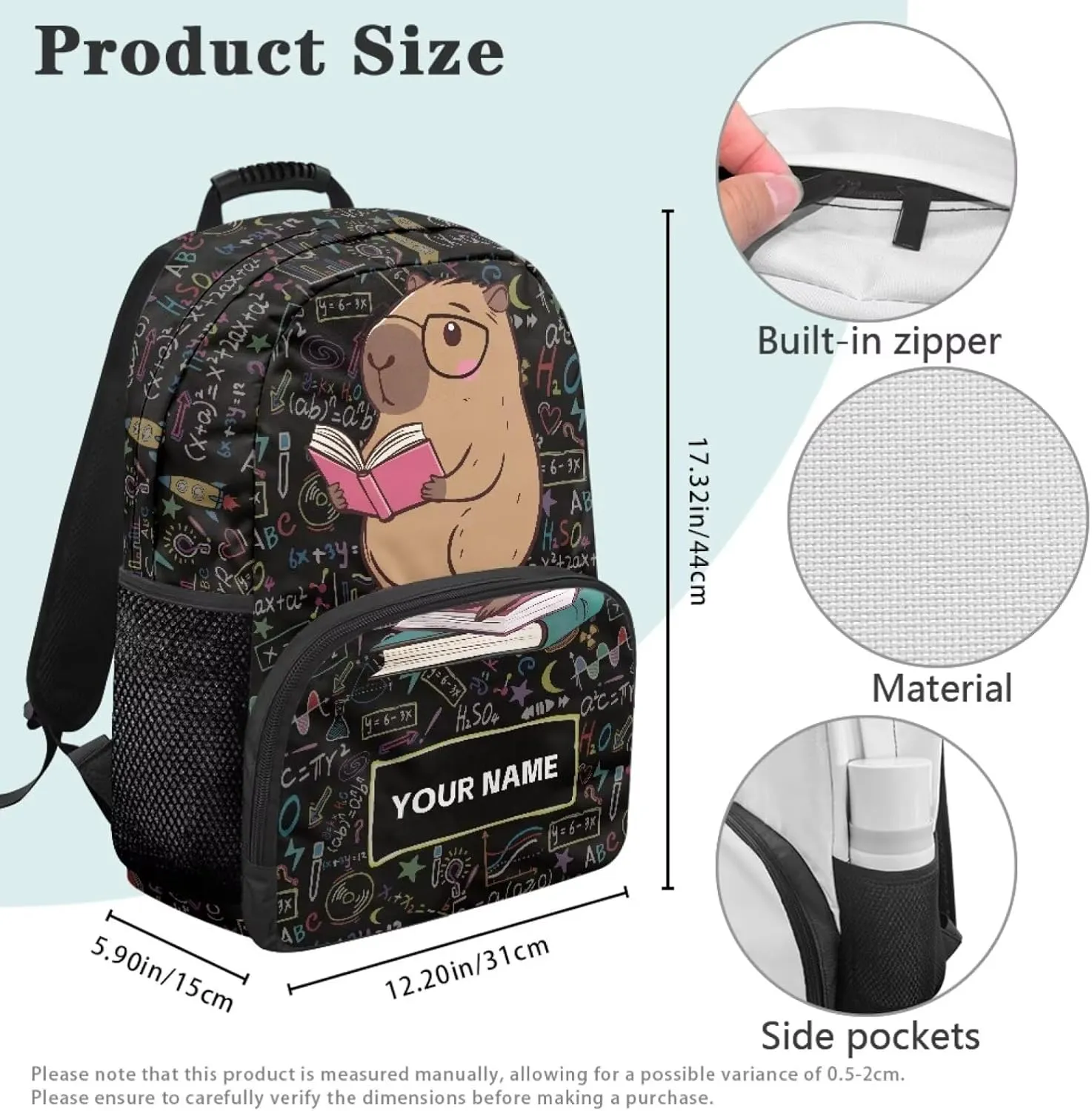 Suobstales Capybara Eyeglasses Book Print Bookbag for Girls Teens, Personalized Backpacks for Kids, Elementary Preschool School Bag for Toddler, 17" Custom Cute Bookbag with Name