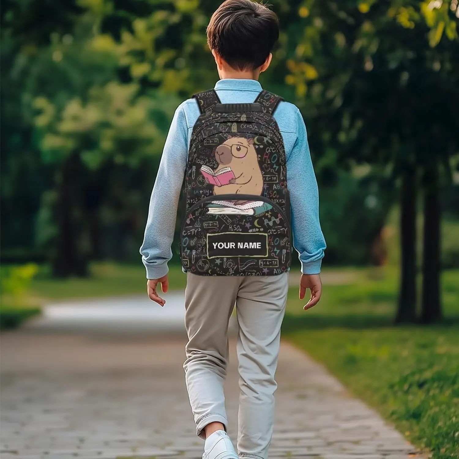 Suobstales Capybara Eyeglasses Book Print Bookbag for Girls Teens, Personalized Backpacks for Kids, Elementary Preschool School Bag for Toddler, 17" Custom Cute Bookbag with Name