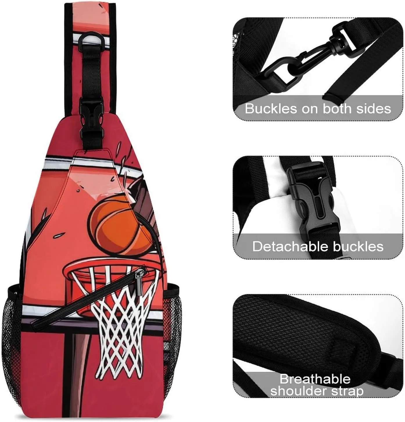 Supdreamc Men's Sling Bag Backpack Foldable Breathable Chest Sling Shoulder Backpacks Bags - Basketball Rack Red Multipurpose Anti-Theft Backpacking Bookbag