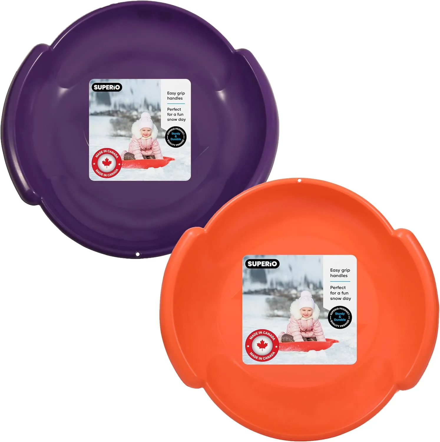 Superio Round Snow Saucer Sleds- 24" Plastic Disc Sleds for Kids and Adults- Heavy Duty Sled Discs with Handles for Downhill Sledding, Winter Outdoor Sports, 2 Pack (Purple-Orange)