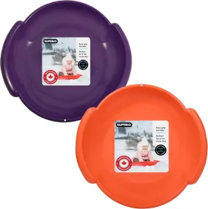 Superio Round Snow Saucer Sleds- 24" Plastic Disc Sleds for Kids and Adults- Heavy Duty Sled Discs with Handles for Downhill Sledding, Winter Outdoor Sports, 2 Pack (Purple-Orange)