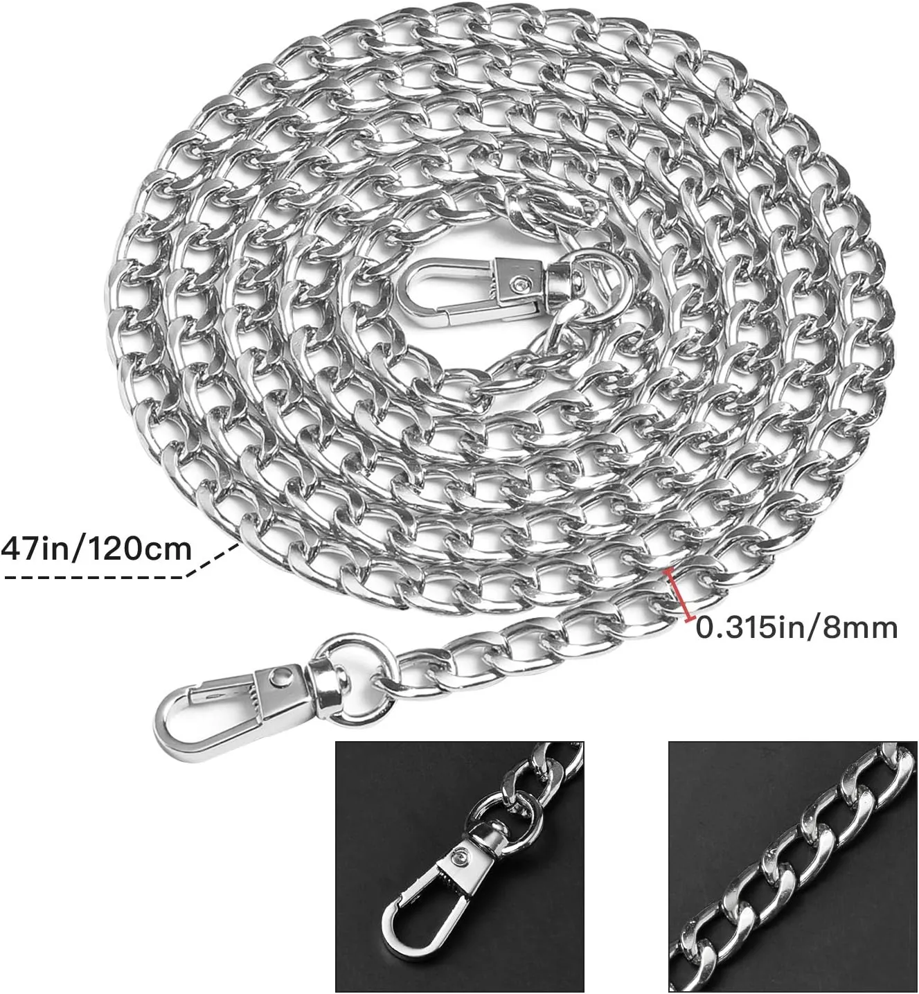 Supkiir Purse Chain Strap, 3Pcs Luxury Fashion 47 Inche Replacement Flat Metal Chain with Buckles Set for DIY Shoulder Cross Body Bag Handbag Purse, Sliver