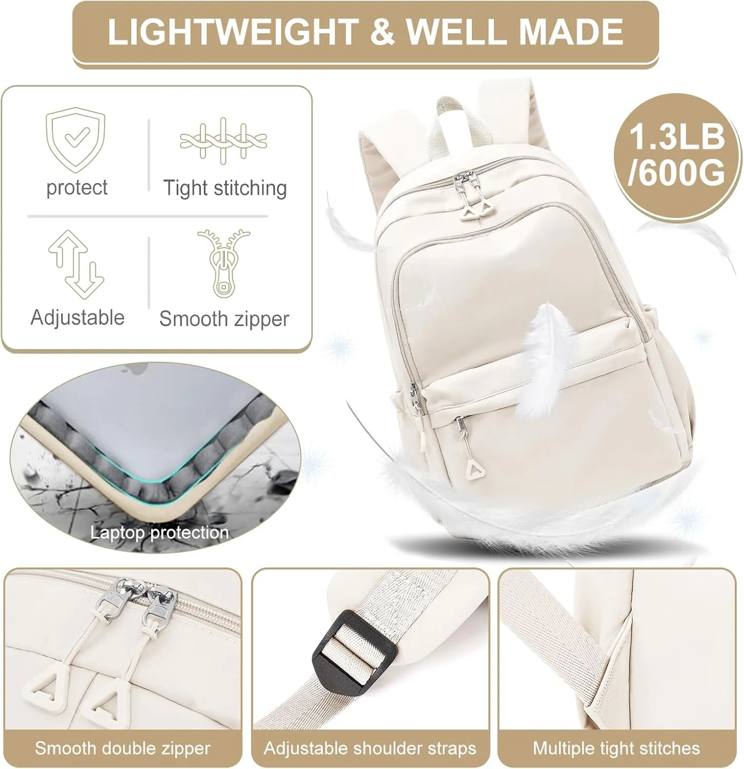 suwasp Casual Laptop Backpack for Women Men College Bookbag Waterproof Lightweight School Bag 15.6inch Laptop Daypack Large Capacity School Backpack for Teens Boys Girls (beige)