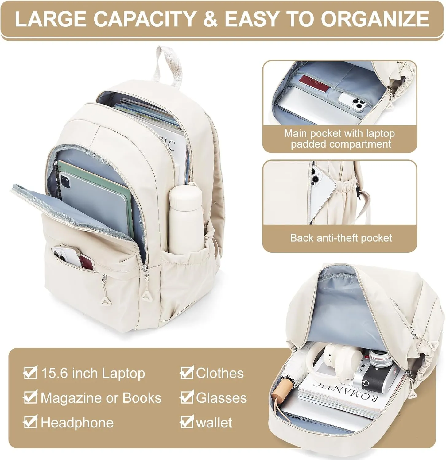 suwasp Casual Laptop Backpack for Women Men College Bookbag Waterproof Lightweight School Bag 15.6inch Laptop Daypack Large Capacity School Backpack for Teens Boys Girls (beige)