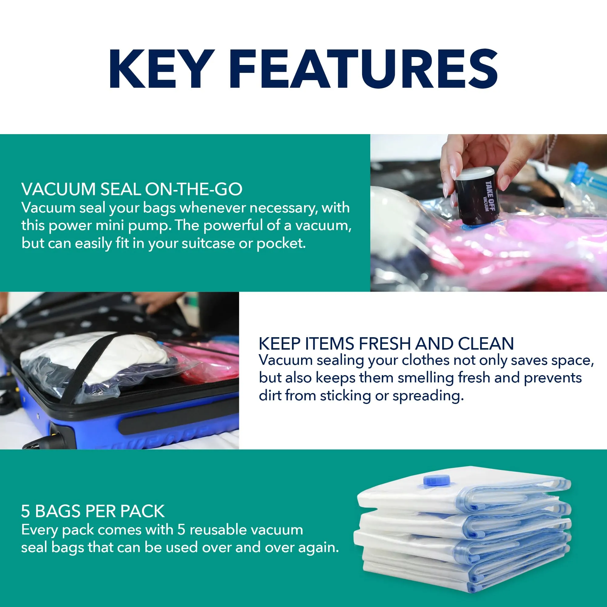 TAKE OFF Luggage Travel Vacuum Bags For Luggage - Organizer Pouches Clothes Compression Bag, Suitcase Packing Bags With Zipper, Perfect For Carry-on, Portable Small Vacuum Bags for Travel - (Set Of 5)