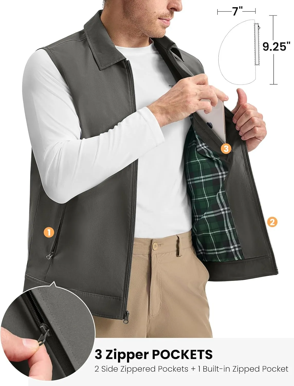 TBMPOY Men's Vest Casual Outerwear Lightweight 3 Zip Pockets Golf Sleeveless Jackets Summer Fall Full Zip Vest Travel