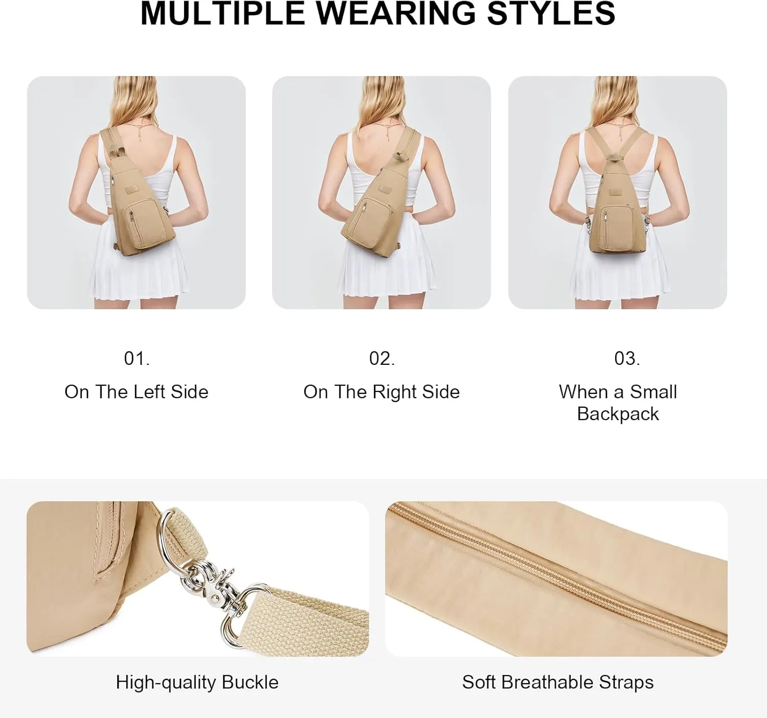 Telena Sling Bag Crossbody Backpack for Women Man 2 in 1 Lightweight Chest Bag Casual Daypack Backpacks for Travel Hiking Khaki