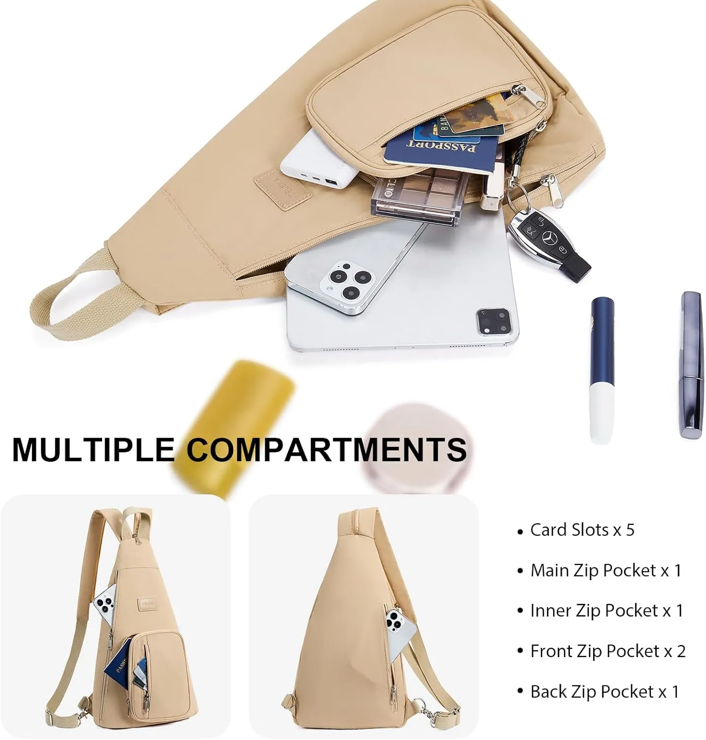 Telena Sling Bag Crossbody Backpack for Women Man 2 in 1 Lightweight Chest Bag Casual Daypack Backpacks for Travel Hiking Khaki