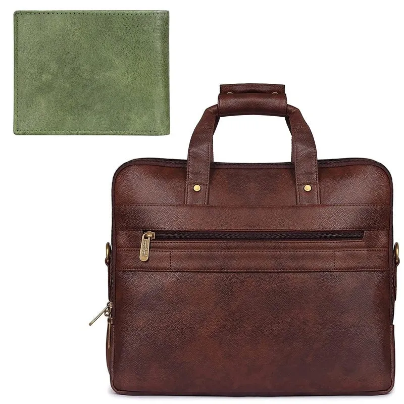 THE CLOWNFISH Combo Of Milan Series Faux Leather 14 inch Laptop Briefcase (Dark Brown) RFID Protected Genuine Leather Bi-Fold Wallet (Moss Green)