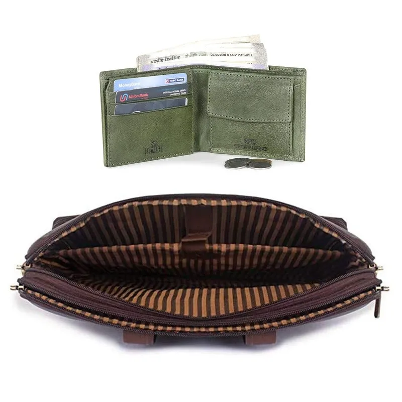 THE CLOWNFISH Combo Of Milan Series Faux Leather 14 inch Laptop Briefcase (Dark Brown) RFID Protected Genuine Leather Bi-Fold Wallet (Moss Green)