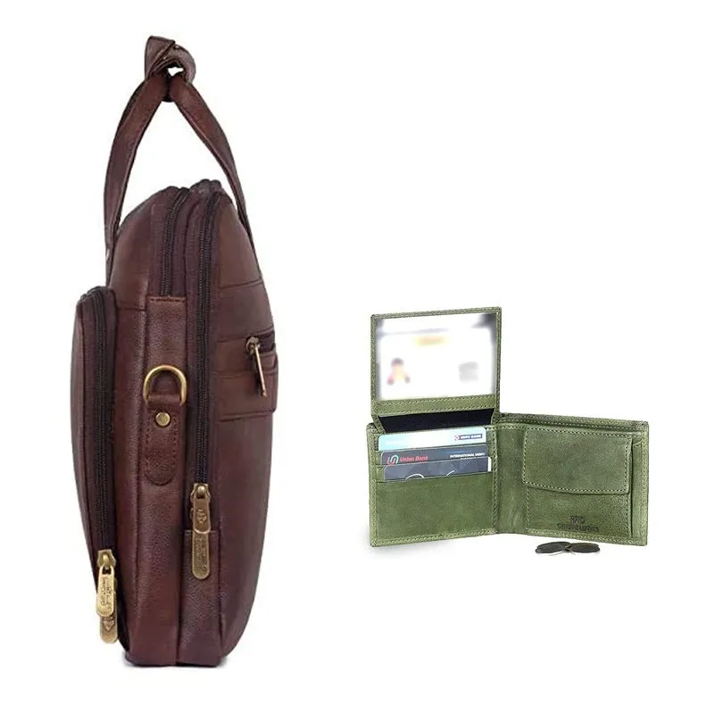 THE CLOWNFISH Combo Of Milan Series Faux Leather 14 inch Laptop Briefcase (Dark Brown) RFID Protected Genuine Leather Bi-Fold Wallet (Moss Green)