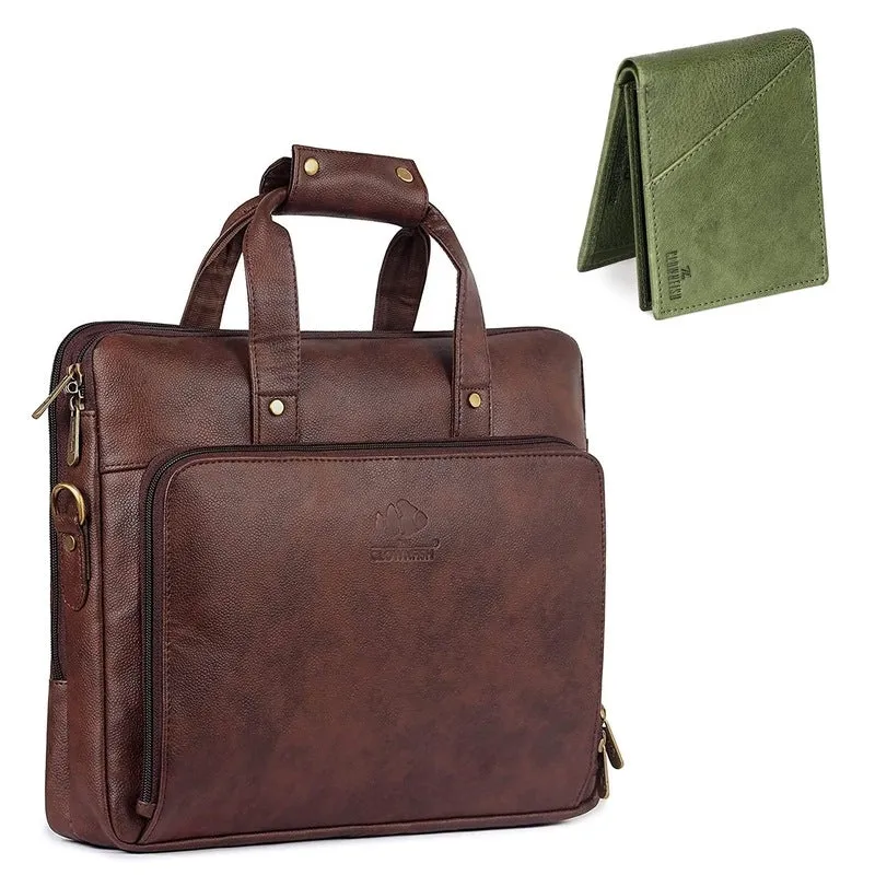 THE CLOWNFISH Combo Of Milan Series Faux Leather 14 inch Laptop Briefcase (Dark Brown) RFID Protected Genuine Leather Bi-Fold Wallet (Moss Green)