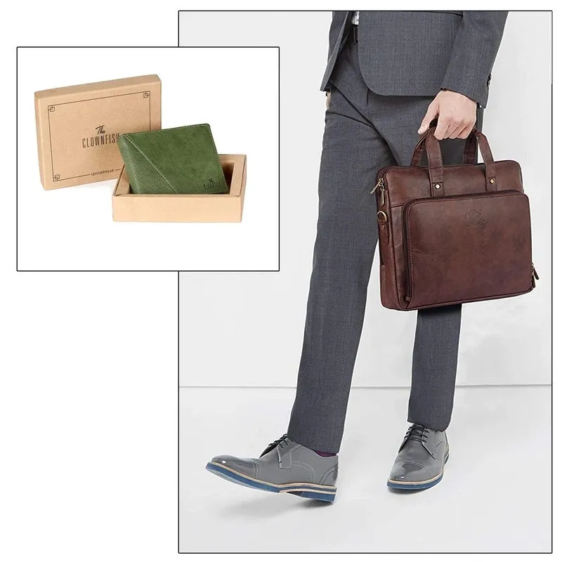 THE CLOWNFISH Combo Of Milan Series Faux Leather 14 inch Laptop Briefcase (Dark Brown) RFID Protected Genuine Leather Bi-Fold Wallet (Moss Green)