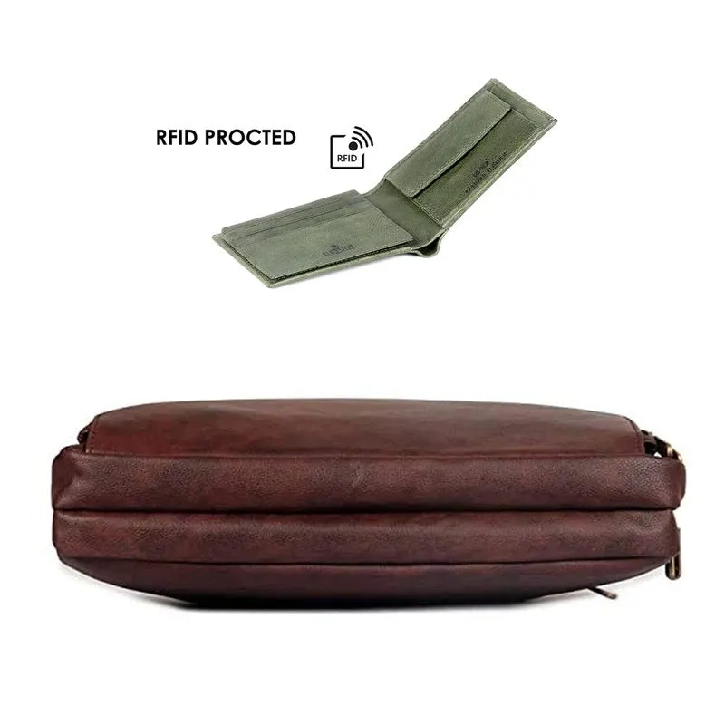 THE CLOWNFISH Combo Of Milan Series Faux Leather 14 inch Laptop Briefcase (Dark Brown) RFID Protected Genuine Leather Bi-Fold Wallet (Moss Green)