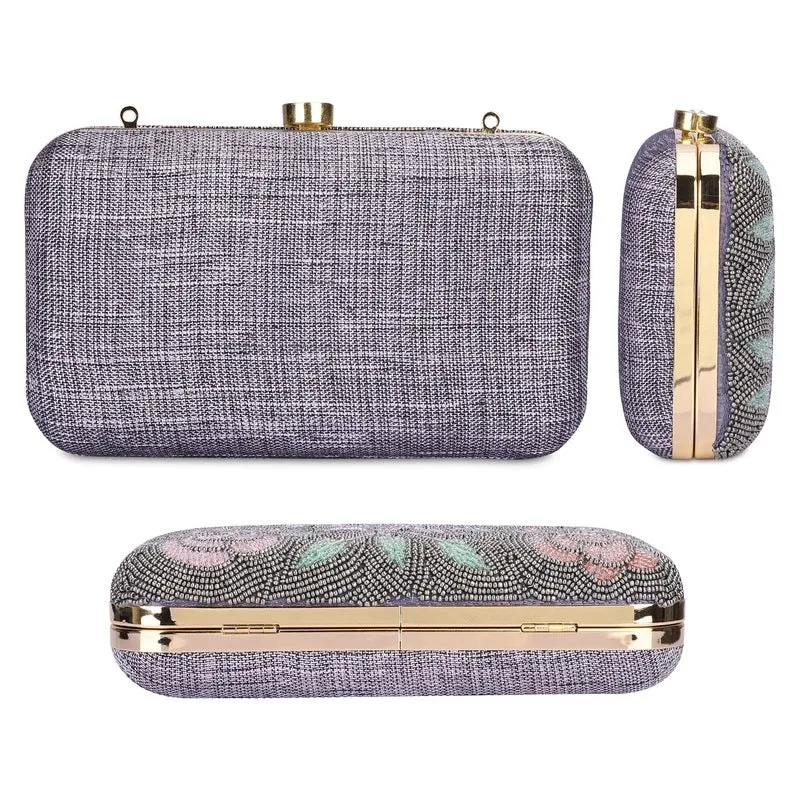 THE CLOWNFISH Norah Collection Womens Party Clutch Ladies Wallet with Chain Strap Evening Bag with Beads Work Floral Design (Dark Grey)