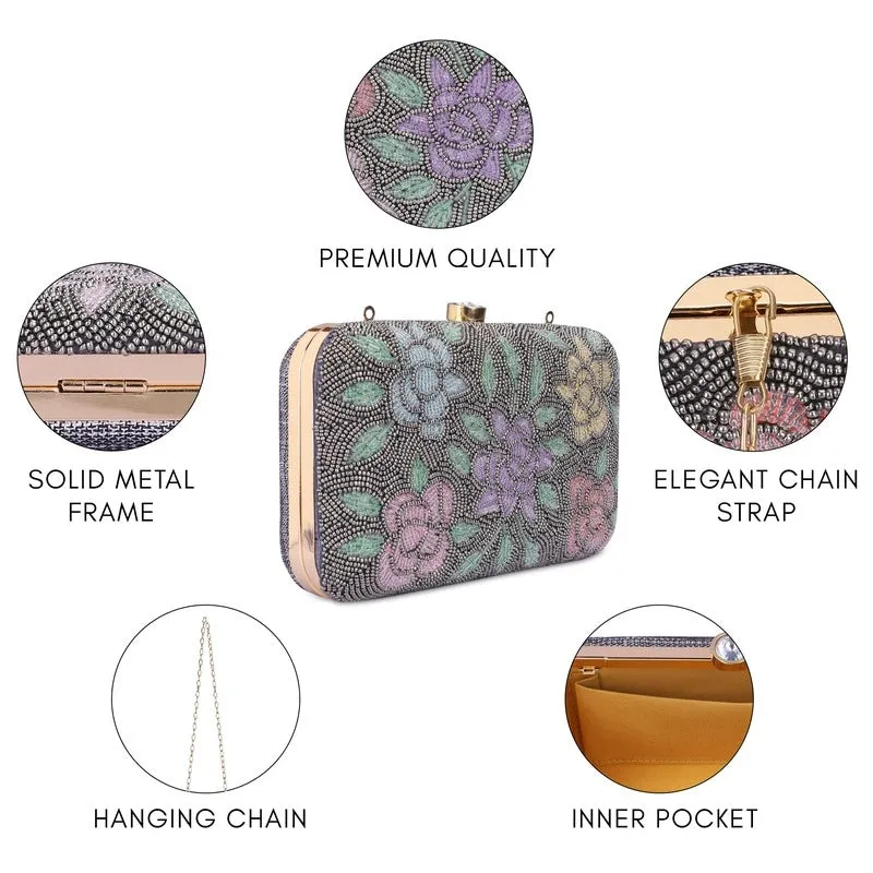 THE CLOWNFISH Norah Collection Womens Party Clutch Ladies Wallet with Chain Strap Evening Bag with Beads Work Floral Design (Dark Grey)