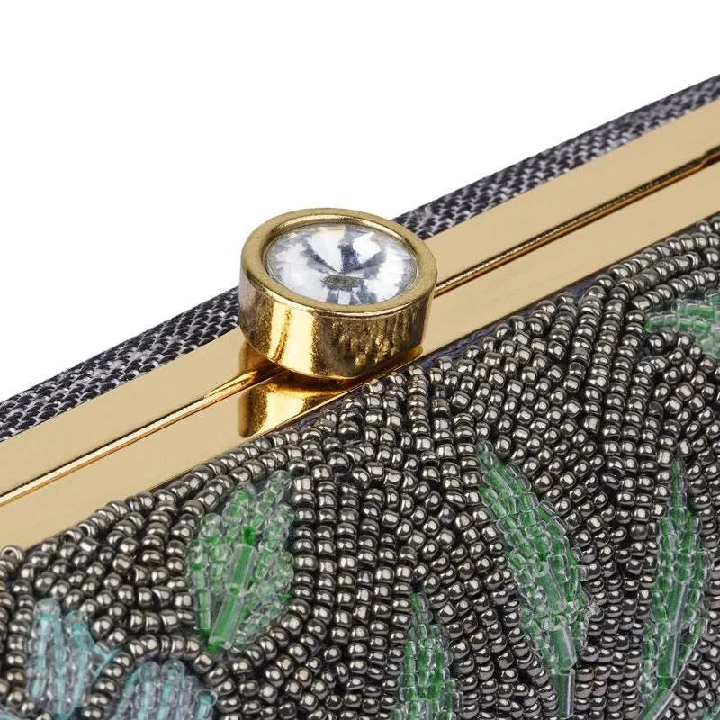 THE CLOWNFISH Norah Collection Womens Party Clutch Ladies Wallet with Chain Strap Evening Bag with Beads Work Floral Design (Dark Grey)