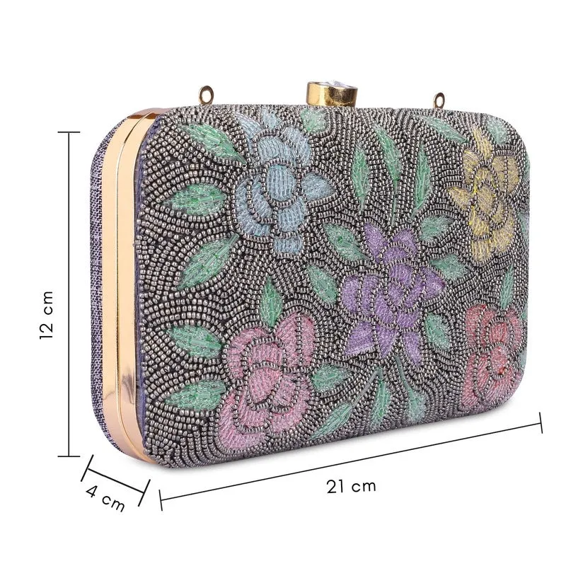 THE CLOWNFISH Norah Collection Womens Party Clutch Ladies Wallet with Chain Strap Evening Bag with Beads Work Floral Design (Dark Grey)