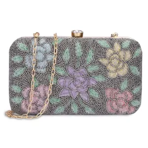 THE CLOWNFISH Norah Collection Womens Party Clutch Ladies Wallet with Chain Strap Evening Bag with Beads Work Floral Design (Dark Grey)