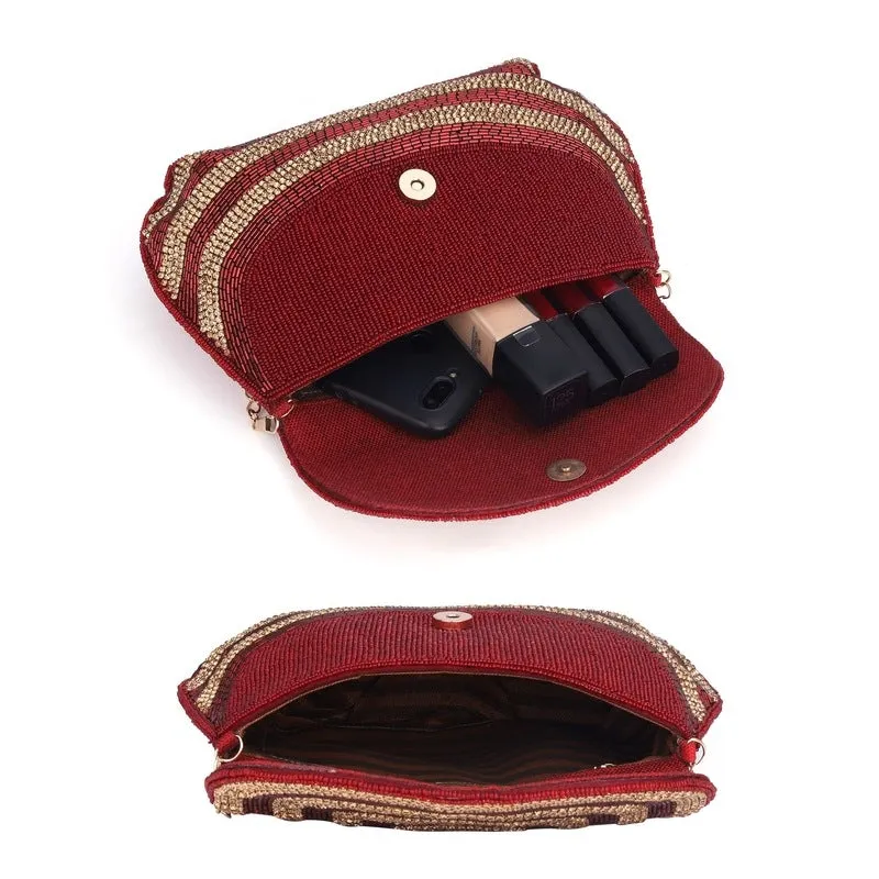 THE CLOWNFISH Shyna Collection Womens Party Clutch Ladies Wallet Evening Bag Fashionable Round Corners Beads Work Floral Design with Chain Strap (Maroon)
