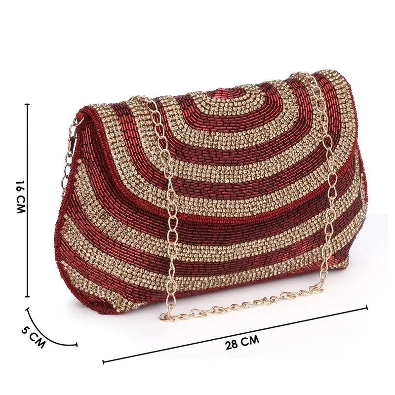 THE CLOWNFISH Shyna Collection Womens Party Clutch Ladies Wallet Evening Bag Fashionable Round Corners Beads Work Floral Design with Chain Strap (Maroon)