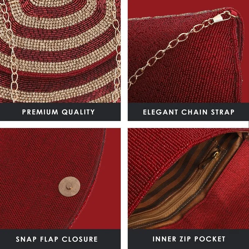 THE CLOWNFISH Shyna Collection Womens Party Clutch Ladies Wallet Evening Bag Fashionable Round Corners Beads Work Floral Design with Chain Strap (Maroon)