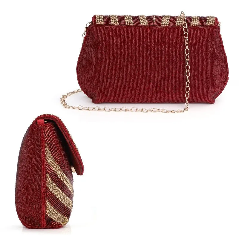 THE CLOWNFISH Shyna Collection Womens Party Clutch Ladies Wallet Evening Bag Fashionable Round Corners Beads Work Floral Design with Chain Strap (Maroon)