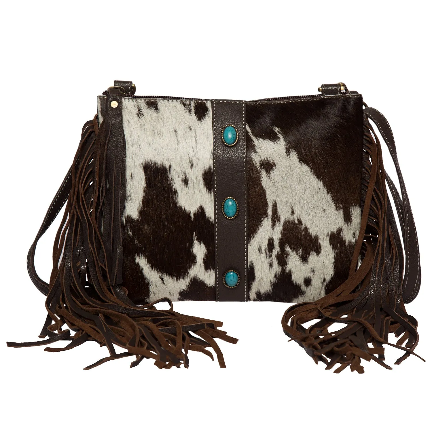The Design Edge Cowhide Clutch Bag With Turquoise Stonework and Fringes – AB76