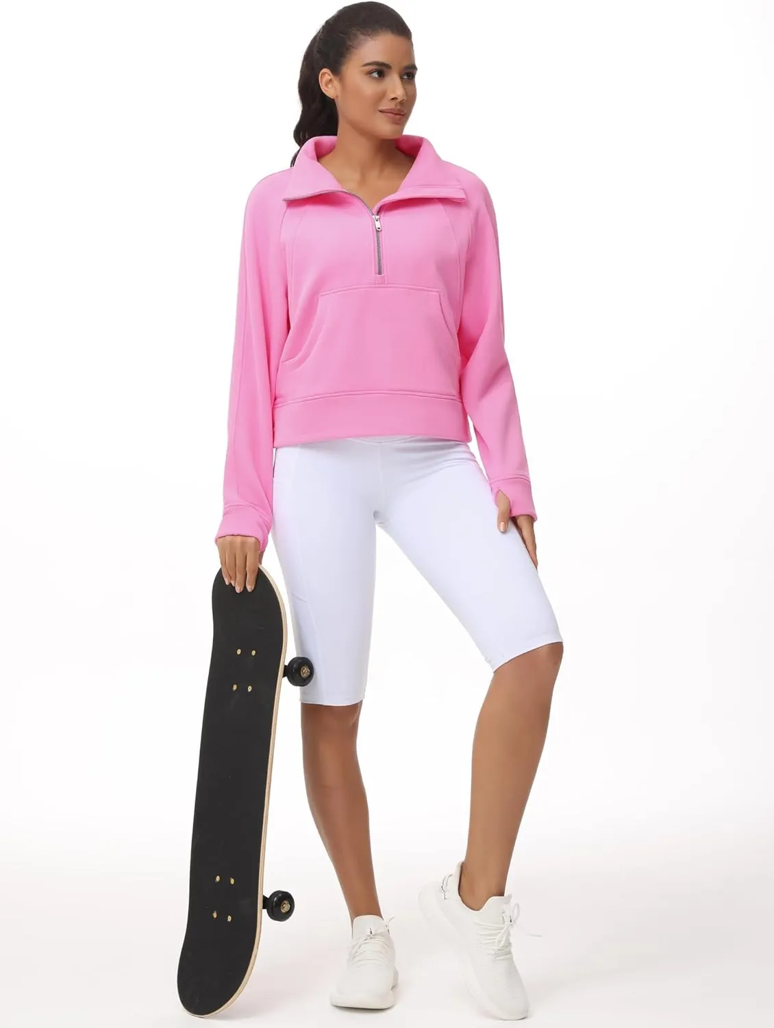 THE GYM PEOPLE Womens' Half Zip Pullover Fleece Stand Collar Crop Sweatshirt with Pockets Thumb Hole