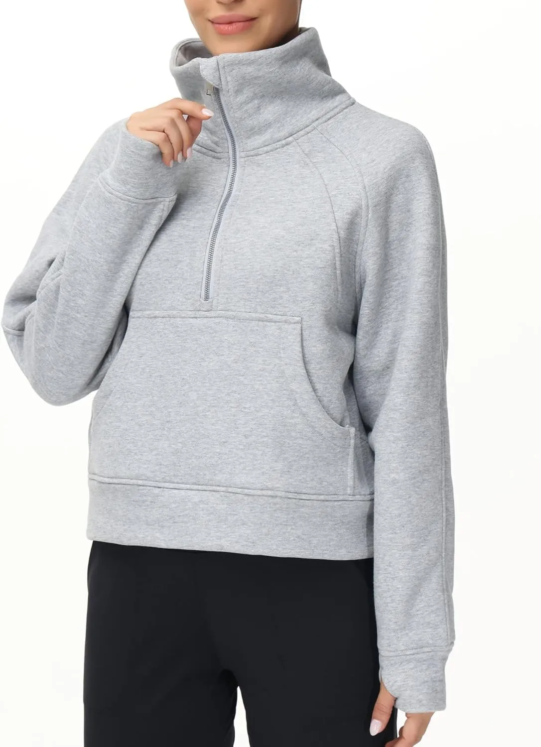 THE GYM PEOPLE Womens' Half Zip Pullover Fleece Stand Collar Crop Sweatshirt with Pockets Thumb Hole