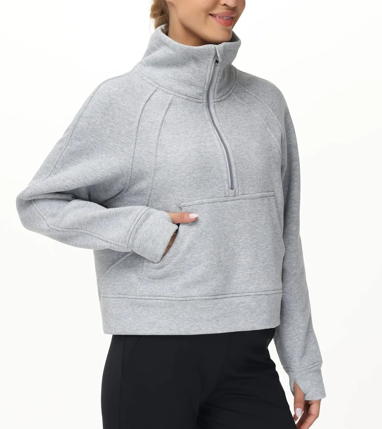THE GYM PEOPLE Womens' Half Zip Pullover Fleece Stand Collar Crop Sweatshirt with Pockets Thumb Hole