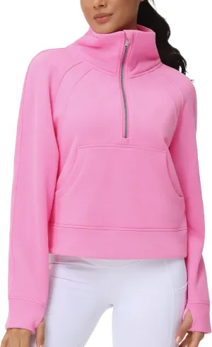 THE GYM PEOPLE Womens' Half Zip Pullover Fleece Stand Collar Crop Sweatshirt with Pockets Thumb Hole