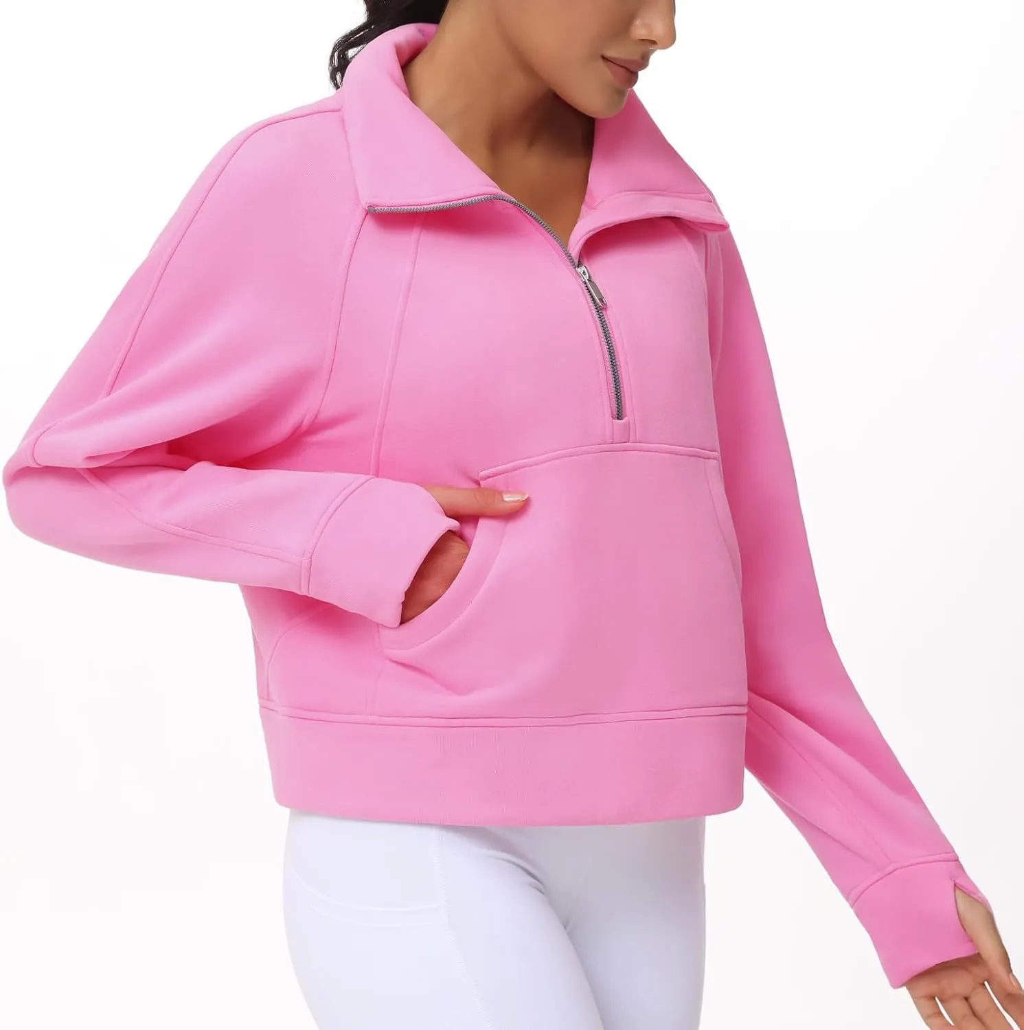 THE GYM PEOPLE Womens' Half Zip Pullover Fleece Stand Collar Crop Sweatshirt with Pockets Thumb Hole