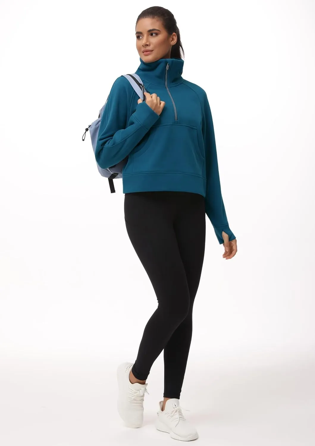 THE GYM PEOPLE Womens' Half Zip Pullover Fleece Stand Collar Crop Sweatshirt with Pockets Thumb Hole