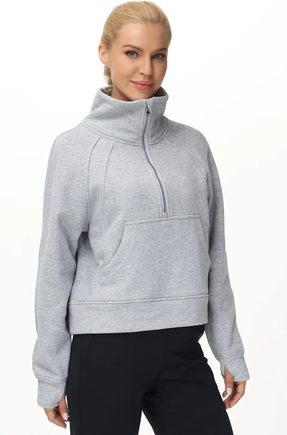 THE GYM PEOPLE Womens' Half Zip Pullover Fleece Stand Collar Crop Sweatshirt with Pockets Thumb Hole