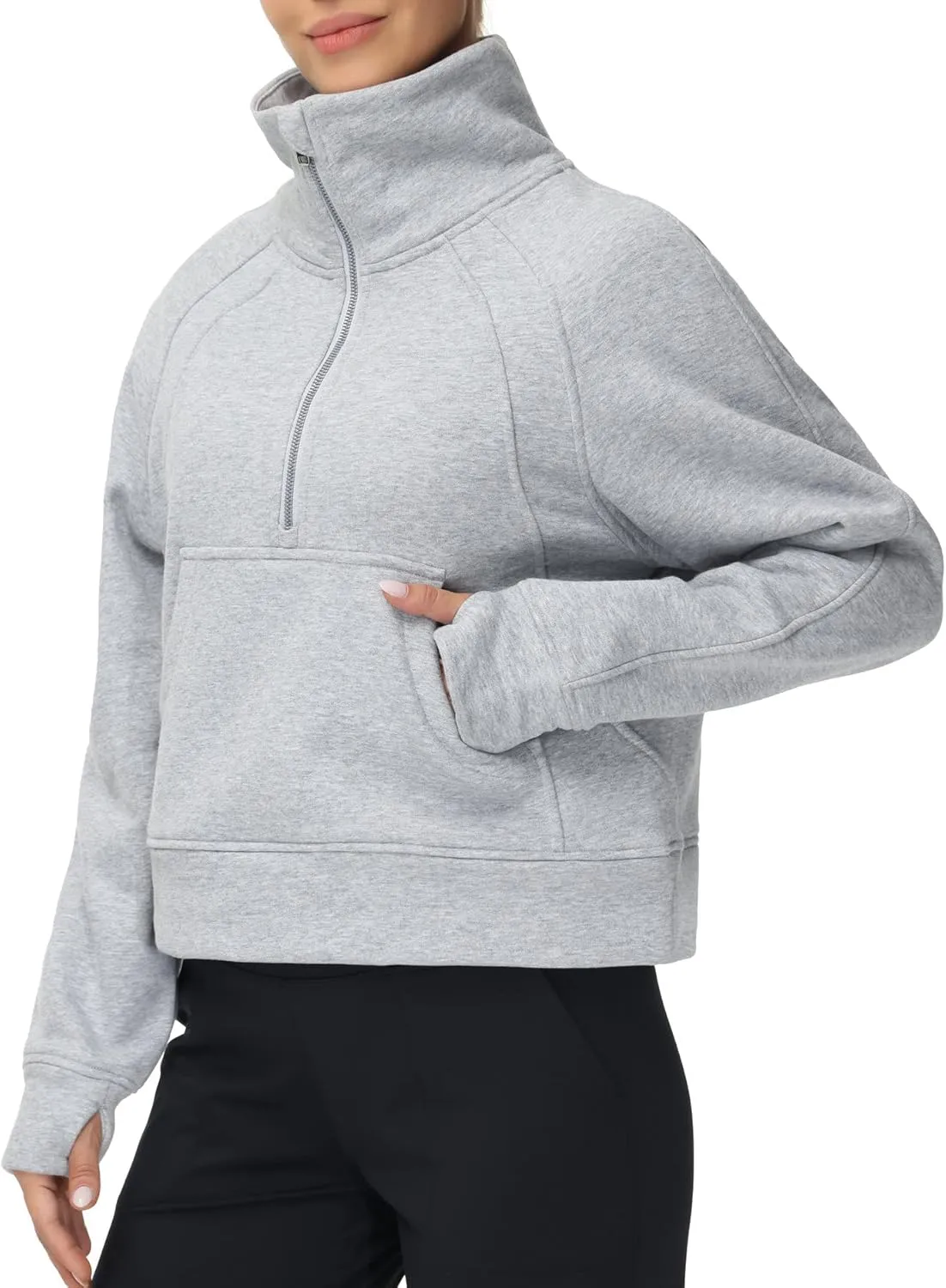 THE GYM PEOPLE Womens' Half Zip Pullover Fleece Stand Collar Crop Sweatshirt with Pockets Thumb Hole