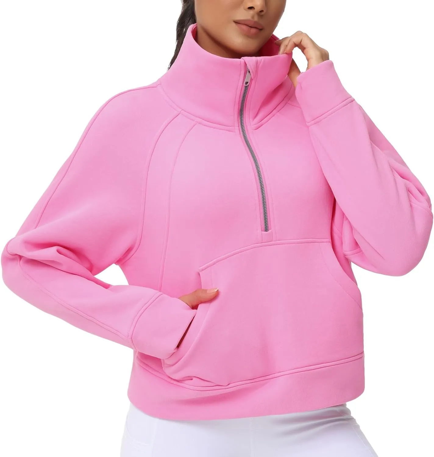 THE GYM PEOPLE Womens' Half Zip Pullover Fleece Stand Collar Crop Sweatshirt with Pockets Thumb Hole