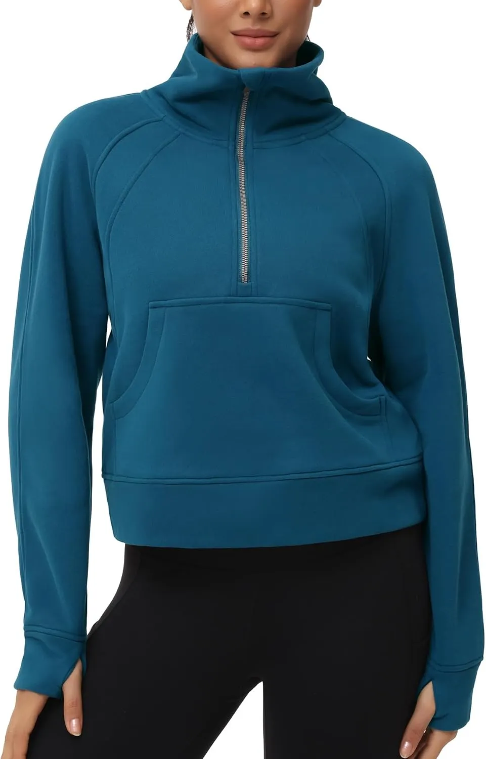 THE GYM PEOPLE Womens' Half Zip Pullover Fleece Stand Collar Crop Sweatshirt with Pockets Thumb Hole