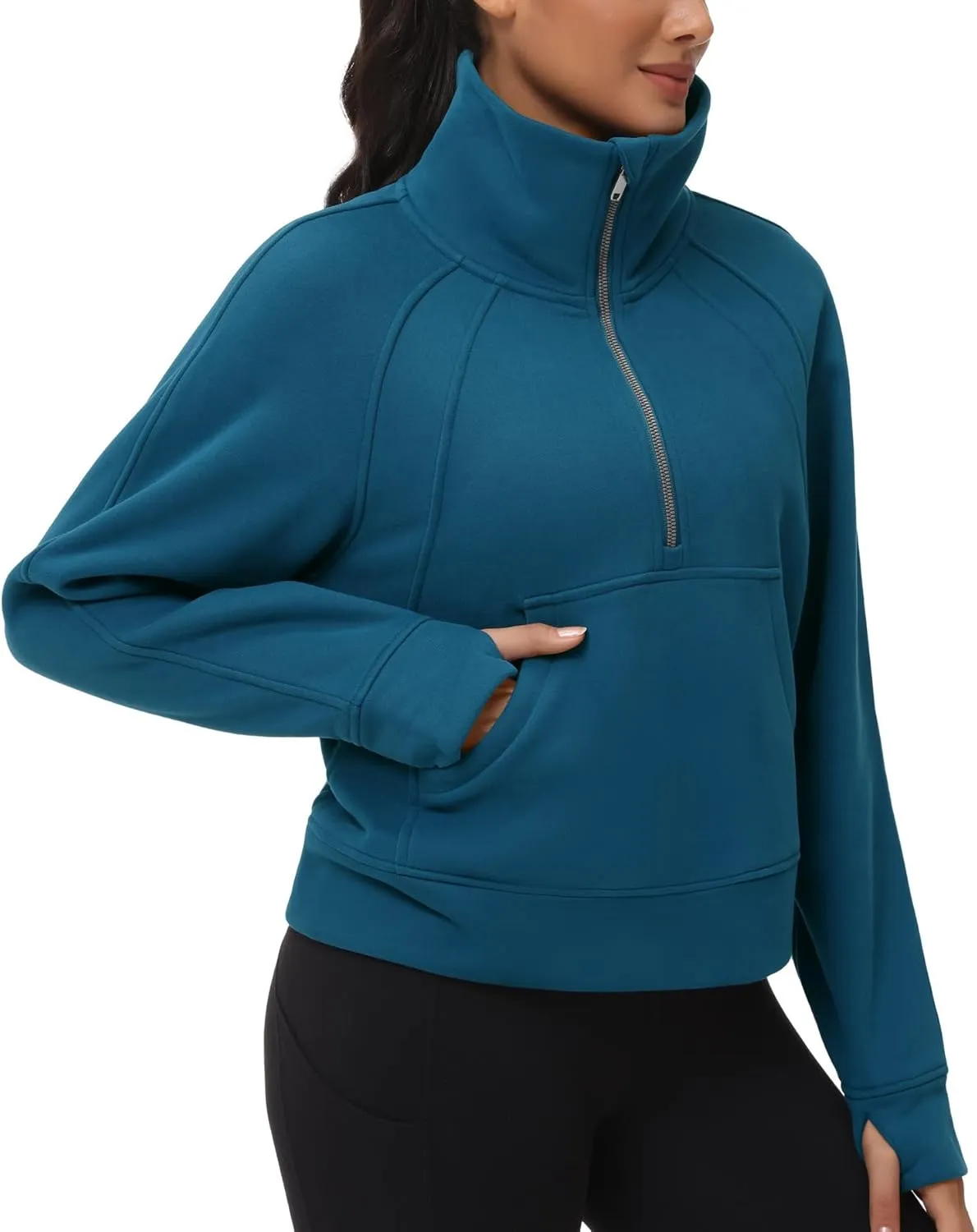 THE GYM PEOPLE Womens' Half Zip Pullover Fleece Stand Collar Crop Sweatshirt with Pockets Thumb Hole