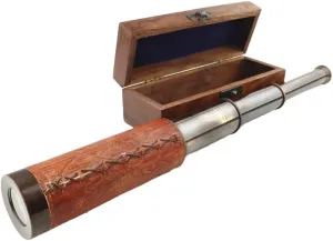The Helicopter Co. Antique Working Telescope/Spyglass Replica in Wooden Box, with Glass Optics Extendable to 16 inches, Brass Decorative Kids Scope