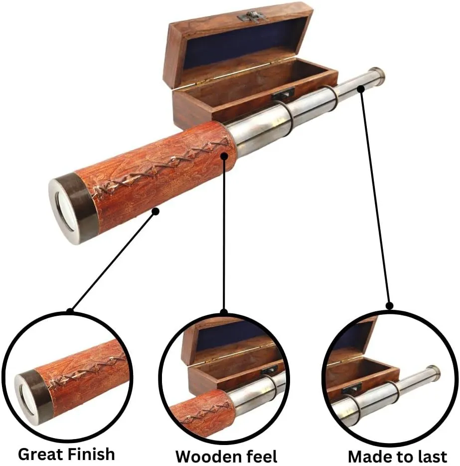 The Helicopter Co. Antique Working Telescope/Spyglass Replica in Wooden Box, with Glass Optics Extendable to 16 inches, Brass Decorative Kids Scope