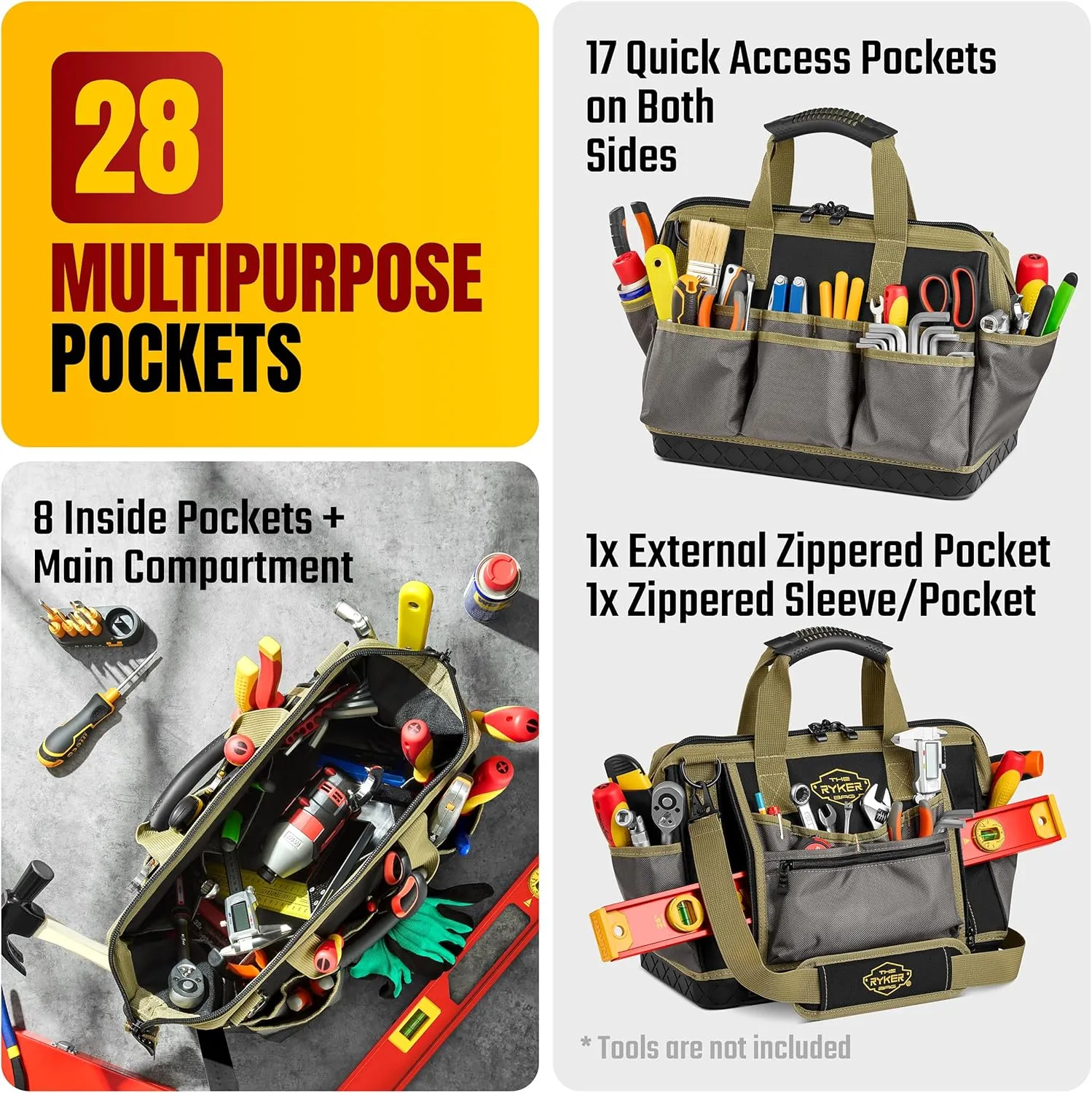The Ryker 16-inch Large Tool Bag Heavy Duty Tool Bag Organizer for Men/Women 28pockets Portable Utility Bags for Tools - Toolbag Organizers Electrician Tools Bags for men Heavy Duty