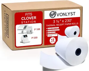 Thermal Receipt Paper Rolls 3 1/8" x 230' for Clover Station (12 rolls)