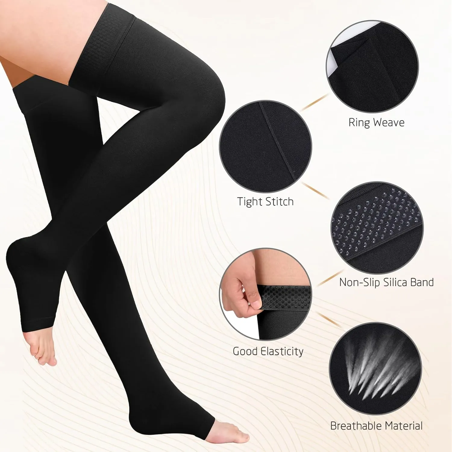 Thigh High 15-20 mmHg Compression Stocking, Open Toe Compression Socks for women & men circulation with Silicone Dot Band-Ideal for Athletic, Medical, Travel Use